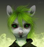  anthro clothing equine facial_markings feral fur green_eyes green_hair grey_fur hair horse imalou looking_at_viewer mammal markings my_little_pony original_character pony portrait smoke solo 