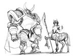  animal_ears armor cape centaur full_armor glaive greyscale helmet horned_helmet horse_ears knight monochrome monster_girl pauldrons short_hair sketch space_jin 