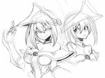  back-to-back bare_shoulders breasts choker cleavage dark_magician_girl detached_sleeves dual_persona duel_monster greyscale hat large_breasts long_hair medium_breasts monochrome multiple_girls sketch space_jin wizard_hat yuu-gi-ou yuu-gi-ou_duel_monsters 