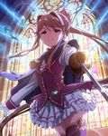  artist_request brown_eyes brown_hair cape card epee gloves hair_bun hair_intakes heart idolmaster idolmaster_million_live! looking_at_viewer official_art skirt smile stained_glass sword tenkuubashi_tomoka thighhighs weapon 