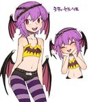  :d ^_^ animal_print bangs bare_shoulders bat_print bat_wings belt belt_buckle blush buckle camisole closed_eyes cowboy_shot crop_top demon_girl embarrassed flat_chest flat_color flipped_hair flying_sweatdrops gradient hairband hands_on_own_cheeks hands_on_own_face happy head_wings legwear_under_shorts looking_at_viewer low_wings midriff multiple_views multiple_wings navel open_mouth original pantyhose purple_hair purple_legwear red_eyes short_hair short_shorts shorts simple_background sketch smile space_jin standing striped striped_legwear studded_belt succubus traditional_media translation_request upper_body white_background wings 