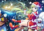  :d blue_eyes boots capelet christmas christmas_tree gift green_hair hat lake long_hair miyase_mahiro open_mouth original sack santa_costume santa_hat skirt smile snowing snowman solo town 