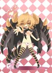  blonde_hair breasts cape checkered checkered_background dragon_tail dragon_wings fire highres large_breasts milkpanda open_mouth panties personification phantasy_star phantasy_star_online_2 ribbon short_hair smile tail underboob underwear vol_dragon wings yellow_eyes 