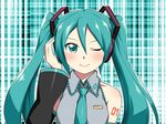  aqua_eyes aqua_hair caffein detached_sleeves hatsune_miku long_hair one_eye_closed solo twintails vocaloid 