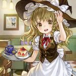  album_cover ama-tou apron berry blonde_hair blueberry blurry bow braid bug butterfly cake chair cover cup depth_of_field food fruit hand_on_headwear hat hat_bow insect kirisame_marisa looking_at_viewer macaron open_mouth shirt single_braid smile solo spoon strawberry table teacup touhou tray vest waist_apron white_bow witch_hat yellow_eyes 