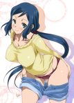  blue_eyes blue_hair blush breasts denim denim_shorts gundam gundam_build_fighters iori_rinko large_breasts leaning_forward long_hair looking_at_viewer mature mitarashi_kousei panties partially_undressed ponytail shorts simple_background smile solo underwear undressing 