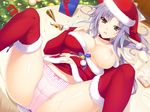  1girl areolae bare_shoulders blush breasts brown_eyes cameltoe christmas christmas_tree elbow_gloves game_cg gloves hat highres iizuki_tasuku large_breasts legs long_hair looking_down lovely_x_cation_2 lying narukawa_hime nipples open_mouth panties purple_hair red_legwear santa_hat solo spread_legs sweat thighs underwear 