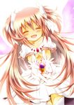  ^_^ bad_id bad_pixiv_id blush closed_eyes dress gloves hair_ribbon highres janne1230 kaname_madoka long_hair mahou_shoujo_madoka_magica open_mouth pink_hair ribbon smile solo soul_gem tears two_side_up ultimate_madoka very_long_hair white_dress white_gloves 