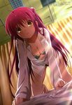  absurdres ahoge all_fours barefoot bra breasts cleavage dress_shirt futaki_kanata hair_bobbles hair_ornament highres legs little_busters! long_hair medium_breasts megami no_pants non-web_source official_art open_clothes open_shirt panties pink_hair school_uniform shirt solo underwear very_long_hair yellow_eyes yoshida_yuuko 