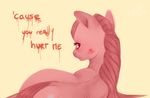  cutie_mark english_text equine female feral friendship_is_magic fur hair horse imalou long_hair looking_at_viewer looking_back mammal my_little_pony pink_fur pink_hair pinkamena_(mlp) pinkie_pie_(mlp) plain_background pony red_eyes simple_background solo text 