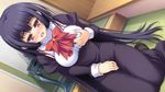  1girl blue_hair blush bow bowtie breast_grab breasts fingering game_cg grabbing highres large_breasts long_hair looking_down norita open_mouth otome_wa_boku_ni_koishiteru:_futari_no_elder red_eyes school_uniform sitting tears 