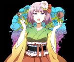  album_cover bug cover darkness flower fork hair_flower hair_ornament hieda_no_akyuu japanese_clothes kakueki-teisha kimono looking_at_viewer obi open_mouth purple_eyes purple_hair sash solo touhou 