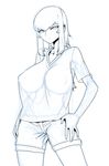  breasts covered_nipples greyscale hands_on_hips large_breasts long_hair monochrome original ponytail see-through shirt shorts sketch slit_pupils solo space_jin t-shirt zoe_(space_jin) 