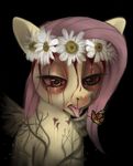  black_background blood butterfly creepy equine female feral flower fluttershy_(mlp) friendship_is_magic fur green_eyes hair horse imalou insect long_hair mammal my_little_pony nightmare_fuel nosebleed open_mouth pegasus pink_hair plain_background pony solo teeth tongue tongue_out wings yellow_fur 