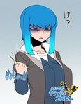  blue_eyes blue_hair breasts clenched_hand crushing jacket original shaded_face short_hair sleeves_rolled_up solo space_jin translation_request zoe_(space_jin) 