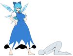  1girl barefoot blue_dress blue_eyes blue_hair bow breasts cirno dress faceless faceless_male femdom flat_color hair_bow hands_on_hips ice ice_wings large_breasts long_dress long_hair older pain solo_focus space_jin top-down_bottom-up touhou tsurime wings 