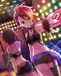  ass asymmetrical_clothes black_hair choker fingerless_gloves gloves headset idolmaster idolmaster_(classic) idolmaster_million_live! jewelry kikuchi_makoto lens_flare looking_at_viewer maihama_ayumu midriff multicolored_hair multiple_girls necklace official_art outstretched_hand pink_eyes pink_hair stage stage_lights streaked_hair 