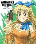  bad_id bad_pixiv_id bare_shoulders blonde_hair blue_neckwear blue_ribbon brown_eyes calamity_jane detached_sleeves drill_hair freckles grin gun hair_ribbon handgun link_(aa30) long_hair orange_sleeves pistol ribbon scarf smile solo translated twin_drills twintails weapon wild_arms wild_arms_1 