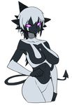  black_skin breasts cropped_legs demon_tail large_breasts multicolored multicolored_skin no_nipples original purple_eyes silver_hair solo space_jin spikes tail two-tone_skin 