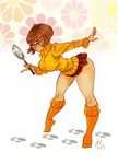 breasts brown_hair floral_background glasses highres kneehighs large_breasts leaning_forward lips magnifying_glass microskirt pedro_perez pinky_out pleated_skirt rimless_eyewear scooby-doo short_hair signature skirt solo sweatdrop thighs tiptoes turtleneck velma_dace_dinkley 