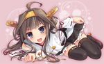  :d bankoku_ayuya bare_shoulders black_legwear blush breasts brown_hair detached_sleeves double_bun hair_ornament hairband headgear japanese_clothes kantai_collection kongou_(kantai_collection) long_hair lying medium_breasts nontraditional_miko on_stomach open_mouth purple_eyes skirt smile solo thighhighs 