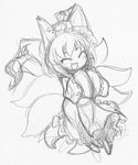  ^_^ animal_ears breasts closed_eyes fox_ears fox_tail graphite_(medium) greyscale happy monochrome multiple_tails sketch solo space_jin tail touhou traditional_media yakumo_ran younger 