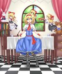  alice_margatroid apron blonde_hair blue_eyes blush book bookshelf boots bow capelet chair checkered checkered_floor chest_of_drawers cookie cup curtains curtsey doll_on_head dress flying food forest green_eyes hair_bow hairband head_tilt highres indoors knee_boots kuro_(baseball0000) lolita_hairband long_hair looking_at_viewer nature pantyhose parted_lips plate ribbon sash shanghai_doll short_hair skirt_hold smile solo stuffed_animal stuffed_bunny stuffed_toy table tablecloth teacup teapot teddy_bear touhou waist_apron window wrist_cuffs 