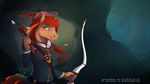  antiander arrow bow bow_(weapon) brown_fur cave clothed clothing equine female fur green_eyes hair hat hi_res horse long_hair looking_at_viewer mammal orange_hair pony ranged_weapon red_hair shirt smile solo standing weapon 