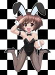  1girl :d akiyama_yukari animal_ears armlet bangs bare_shoulders black_footwear black_leotard black_neckwear bow bowtie breasts brown_eyes brown_hair bunny_ears bunny_tail bunnysuit checkered cleavage clenched_hand commentary_request detached_collar excel_(shena) eyebrows_visible_through_hair fake_animal_ears fishnet_pantyhose fishnets girls_und_panzer high_heels highres legs leotard looking_at_viewer medium_breasts messy_hair open_mouth pantyhose salute short_hair side-tie_leotard sitting smile solo strapless strapless_leotard tail wariza wrist_cuffs 