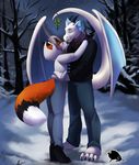  ambiguous_gender anthro canine coat dragon duo eyes_closed fox horn jailbird kissing male mammal mistletoe night outside snow white_scales wings winter 