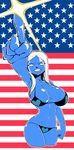  american_flag bikini blue_skin boss_(saints_row) breasts cleavage clenched_hands contrapposto cropped_legs flag_background foreshortening grin heart highres huge_breasts long_hair navel no_pupils pointing pointing_forward saints_row sideboob silver_hair smile solo space_jin standing strap_gap swimsuit 