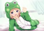  alternate_costume animal_costume arm_support blue_eyes blush cosplay frog_costume hair_ribbon indoors kigurumi looking_at_viewer lying moriya_suwako on_side open_mouth ouka_(ra-raradan) pajamas ribbon short_hair solo touhou window 