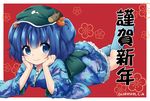  adapted_costume blue_eyes blue_hair blush hair_bobbles hair_ornament hat ica japanese_clothes kawashiro_nitori kimono new_year short_hair smile solo touhou two_side_up 