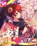  beamed_eighth_notes blue_eyes blush brown_hair card_(medium) character_name character_signature cherry_blossoms flower hair_ornament idolmaster idolmaster_million_live! japanese_clothes julia_(idolmaster) kimono microphone musical_note official_art petals short_hair smile umbrella 