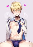  1boy ahoge arthur_pendragon_(fate) blonde_hair blue_briefs blue_neckwear breath briefs bulge edging_briefs fate/grand_order fate/prototype fate_(series) green_eyes hand_on_own_chest heart inverted_nipples jacket lavender_background looking_at_viewer male_focus navel necktie no_pants open_clothes open_jacket open_shirt shikanari simple_background sitting smile solo spread_legs sweat underwear white_jacket white_rose_(fate/grand_order) 