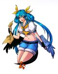  alternate_costume asymmetrical_wings blue_hair blue_sailor_collar crop_top dizzy feathered_wings fingerless_gloves gloves guilty_gear hair_rings long_hair low_wings midriff mr_(hp.0) navel red_eyes sailor_collar shorts solo twintails wings 