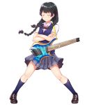  1girl black_footwear black_hair blue_legwear blue_vest braid crossed_arms electric_guitar eyes_closed facing_viewer full_body guitar guitaro_(yabasaki_taro) hair_ornament hairclip highres instrument long_hair nijisanji plaid plaid_skirt school_uniform short_sleeves skirt socks solo standing tsukino_mito twin_braids twintails vest white_background 