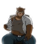  belt black_nose blue_eyes cellphone chubby eyeglasses jeans looking_at_viewer male mammal midriff navel phone plain_background shinodahamazaki simple_background sitting solo undressing white_background 