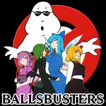  alternate_breast_size antennae ass blonde_hair blue_eyes blue_hair bow breasts cape cirno commentary fan fashion ghostbusters green_eyes green_hair hair_bow highres large_breasts legwear_under_shorts multiple_girls mystia_lorelei okamisty older pantyhose parody purple_eyes purple_hair red_eyes rumia sharp_teeth short_shorts shorts space_jin team_9 teeth touhou wings wriggle_nightbug 