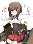  arms_up bike_shorts blush boots brown_eyes brown_hair commentary directional_arrow flexing headband kantai_collection momo_(higanbana_and_girl) pleated_skirt pose short_hair skirt solo taihou_(kantai_collection) thigh_boots thighhighs 