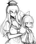  blush bow breasts cleavage covered_nipples flat_chest fujiwara_no_mokou greyscale hair_bow hat height_difference kamishirasawa_keine large_breasts long_hair monochrome multiple_girls side-by-side sketch space_jin suspenders sweatdrop tokin_hat touhou 