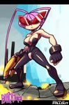  absurdres antennae black_torch bodysuit breasts choker cleavage crotch_plate fallout_(black_torch) fingerless_gloves gloves highres jacket jacket_removed kamina_shades large_breasts letterboxed pantyhose purple_hair sarikyou short_hair solo 