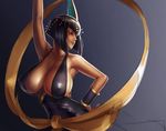  arm_up armpits bare_shoulders black_hair bracer breasts closed_eyes colorized covered_nipples egyptian eliza_(skullgirls) eu03 hagoromo hand_on_hip highres huge_breasts lips pose revision saturday_night_fever shawl short_hair sideboob skullgirls smile solo 