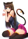  animal_ears arm_strap bell black_legwear blue_eyes blush breasts brown_hair cat_ears cat_tail collar kero_(tomoki-tiger) long_hair looking_at_viewer medium_breasts open_mouth original paw_pose simple_background sitting skirt sleeveless smile solo tail tail_bell thighhighs wariza white_background 