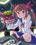  :p artist_request brown_eyes brown_hair glasses idolmaster idolmaster_cinderella_girls ikebukuro_akiha labcoat long_hair official_art pink-framed_eyewear robot school_uniform screwdriver semi-rimless_eyewear sitting skirt smirk solo tongue tongue_out twintails 