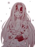  ataru_(cha2batake) blood blood_on_face injury japanese_clothes kantai_collection long_hair looking_at_viewer monochrome muneate shoukaku_(kantai_collection) solo torn_clothes 