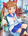  artist_request bow brown_eyes brown_hair glasses hair_bow idolmaster idolmaster_cinderella_girls ikebukuro_akiha labcoat official_art pink-framed_eyewear plant potted_plant robot school_uniform screwdriver semi-rimless_eyewear serafuku solo toolbox twintails wrench 