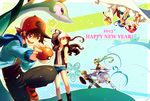  3girls 4boys aladdin_(magi) ali_baba_saluja armor bare_shoulders baseball_cap blonde_hair blue_eyes blue_hair bracelet braid brown_eyes brown_hair cape denim denim_shorts english frey_(rune_factory) gen_5_pokemon green_hair happy_new_year hat jewelry lest_(rune_factory) magi_the_labyrinth_of_magic morgiana multiple_boys multiple_girls new_year pink_hair poke_ball pokemon pokemon_(creature) pokemon_(game) pokemon_bw ponytail rune_factory rune_factory_4 sekka_koyori serperior shield shorts sword touko_(pokemon) touya_(pokemon) twintails vest weapon 