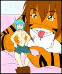  breasts brown_hair clothing feline female flora_(twokinds) fur hair human keidran long_hair male mammal nude open_mouth orange_fur size_difference stripes tiger tom_fischbach tongue tongue_out tuft twokinds white_fur xbox360720 