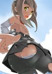  ass bike_shorts blush brown_eyes brown_hair cloud covering covering_breasts crying crying_with_eyes_open day headband highres kantai_collection looking_back onikiri short_hair sky taihou_(kantai_collection) tears torn_bike_shorts torn_clothes 
